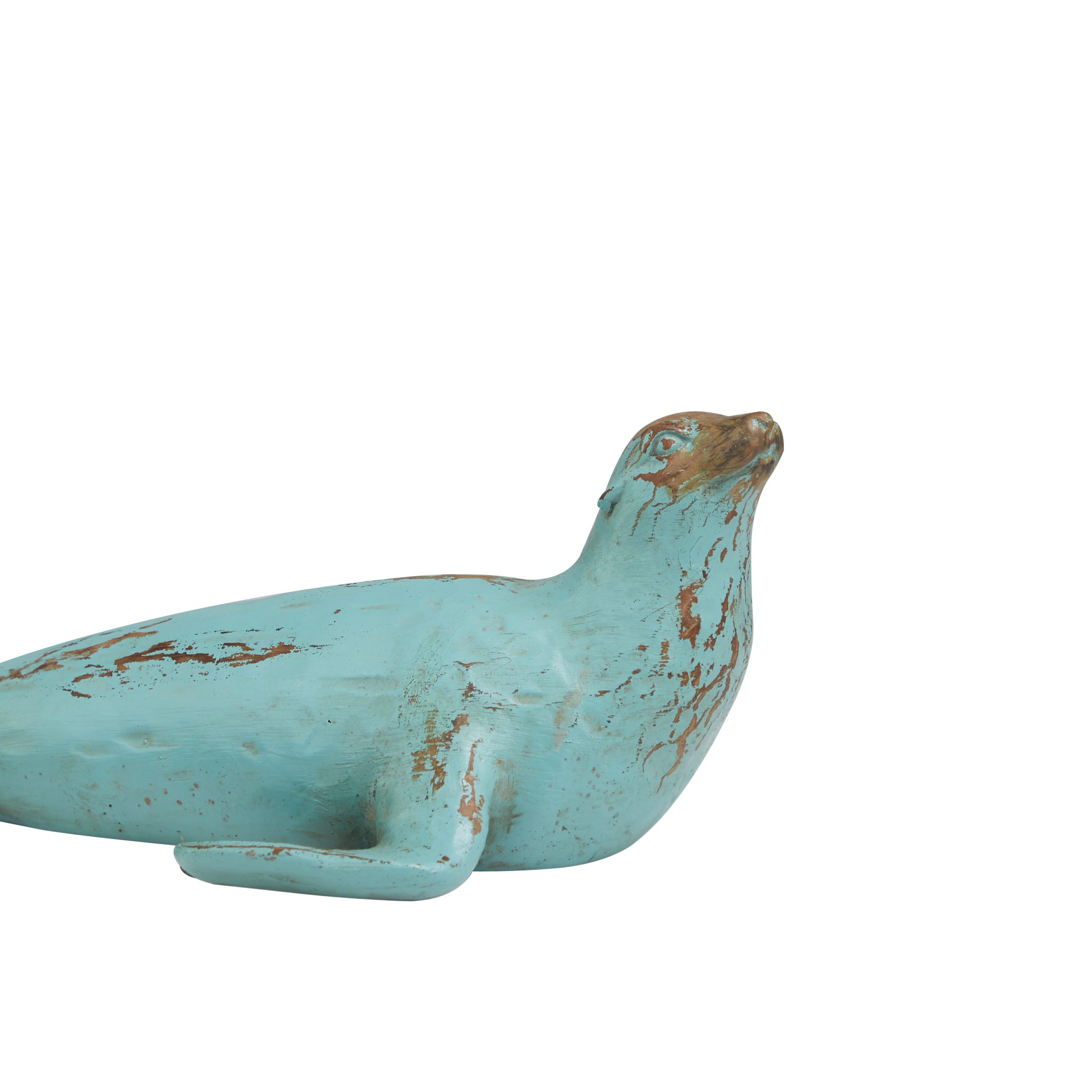 13", 7"W Teal Polystone Distressed Sea Lion Sculpture with Brown Wood Inspired Accents, by DecMode (2 Count)