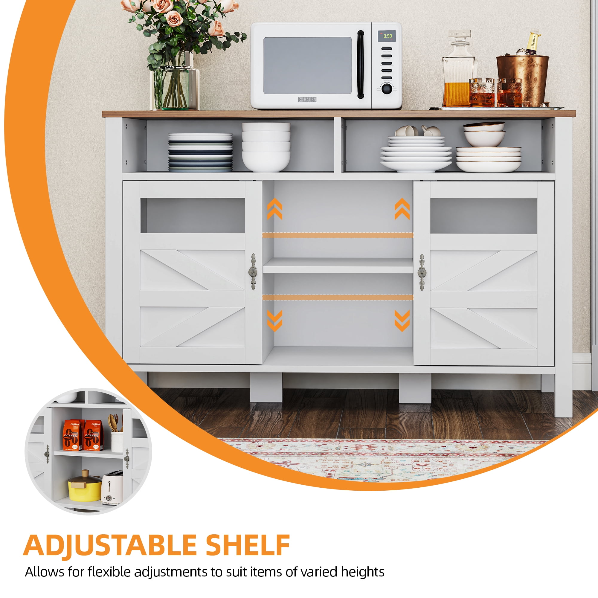 Uforic Farmhouse Coffee Bar Cabinet with Storage & Built-In Power Strip - White & Walnut Buffet Sideboard, 5-Drawer Liquor Bar for Kitchen, Dining Room, Bedroom