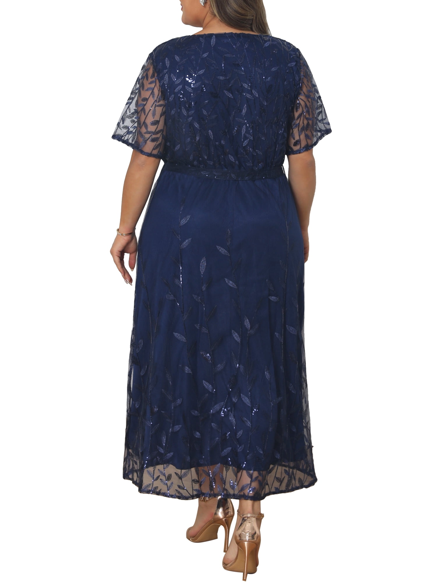 DARING DIVA Women's Plus Wedding Guest Dress Sequin Wrap V Neck Midi 2X Navy Blue