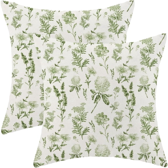 Set of 2 Olive Green Botanical Throw Pillow Covers, 18x18 Inch Leaf Cushion Cases, Linen Envelope Closure Pillowcases for Couch Sofa Bedroom Farmhouse Decor