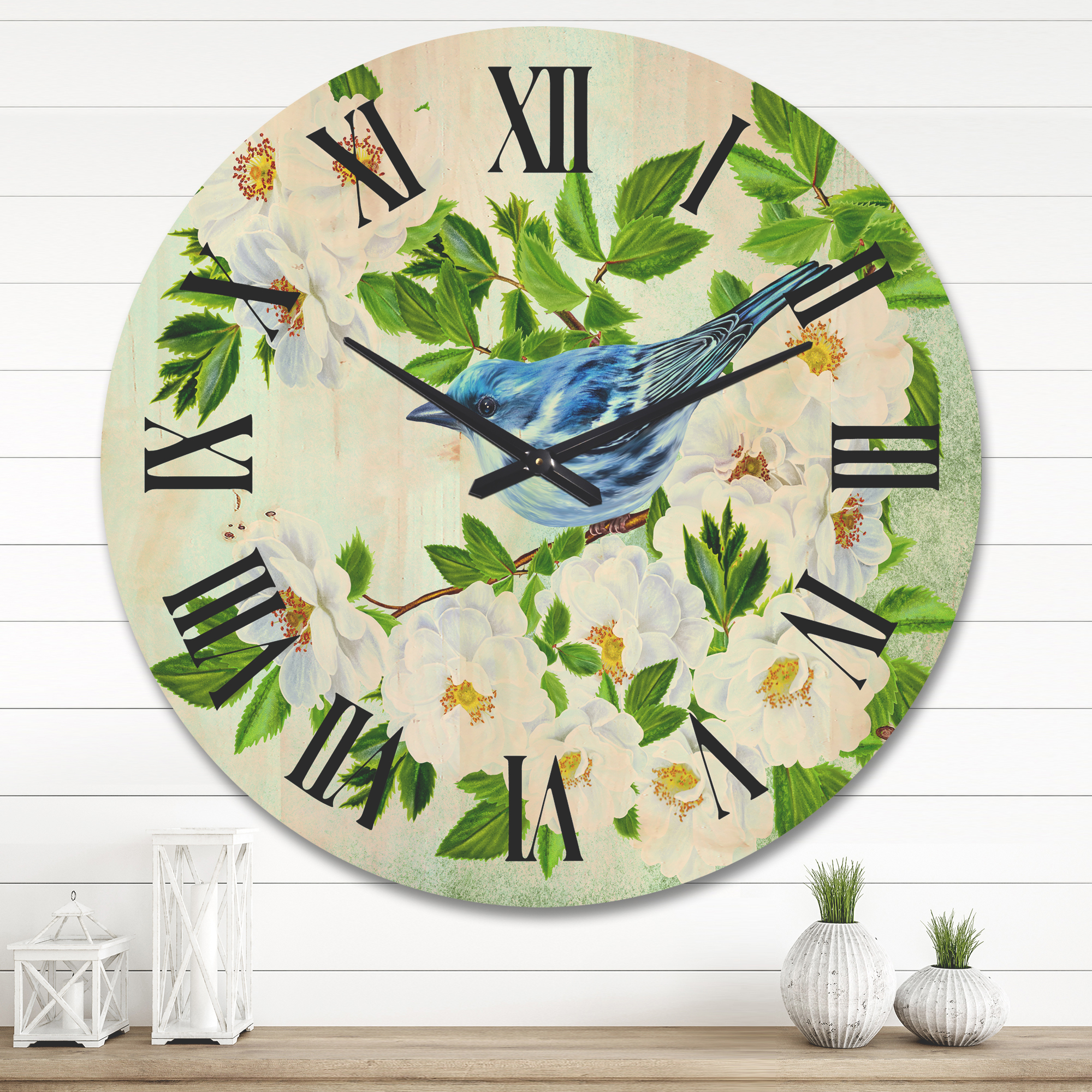 Designart 'Little Blue Bird Sitting On A Branch of White Rose Plant' Traditional Wood Wall Clock