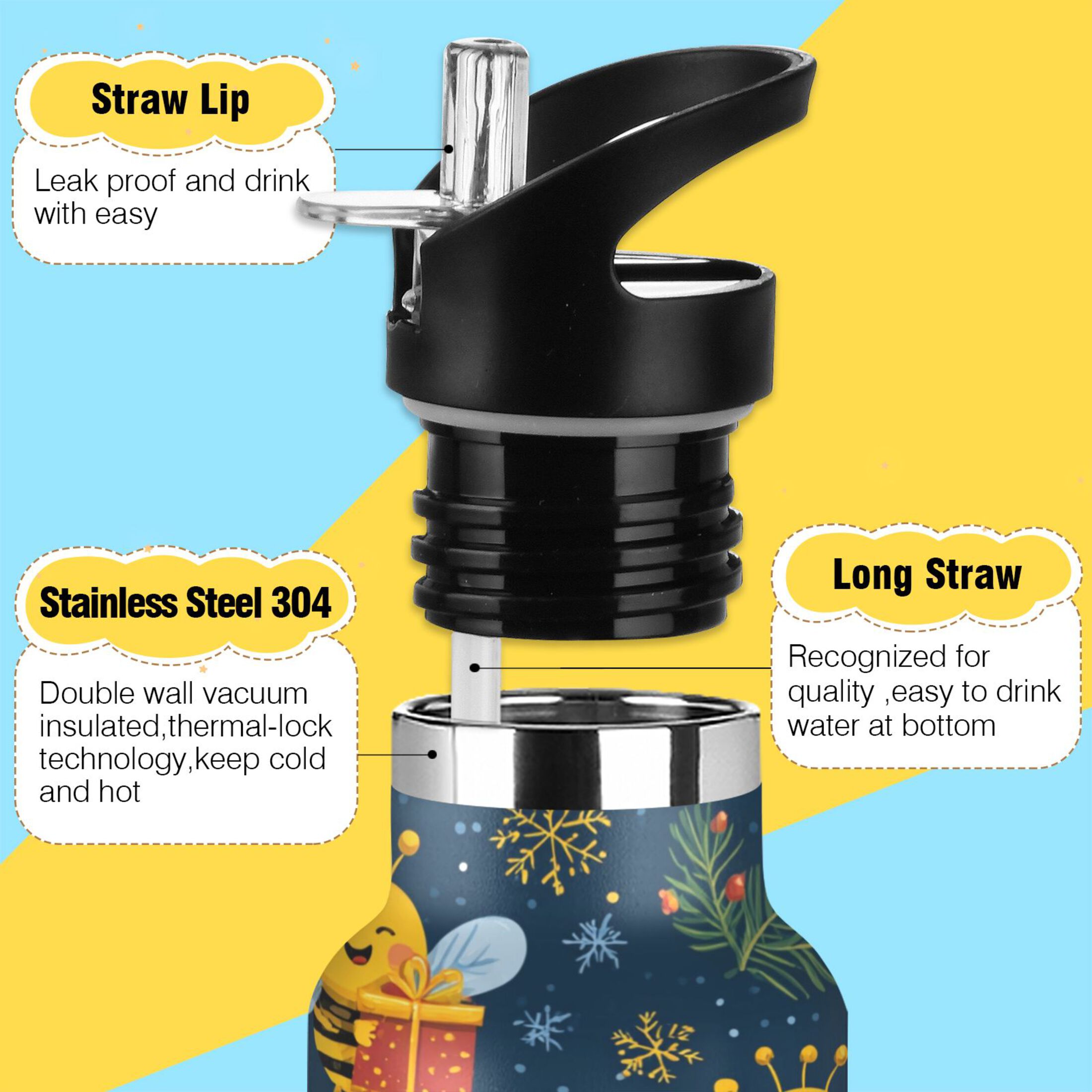 600ML Stainless Steel Insulated Cup Sports Water Bottle Portable Thermos Cup Water Glasses Insulated Tumblers Convenient and Durable Christmas Bees