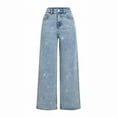 thumbnail image 4 of Delayuji Womens Wide Leg Jean Mid Waist Stick the Rhinestone Printed Loose Pants Jeans with Pockets Streetwear, 4 of 5