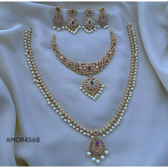 South Indian Bollywood Gold-Plated Pendant Choker & Long Necklace Combo Set – Ruby, Green & White Kemp Stones with Matte Finish, Pearl Drops & Matching Earrings.