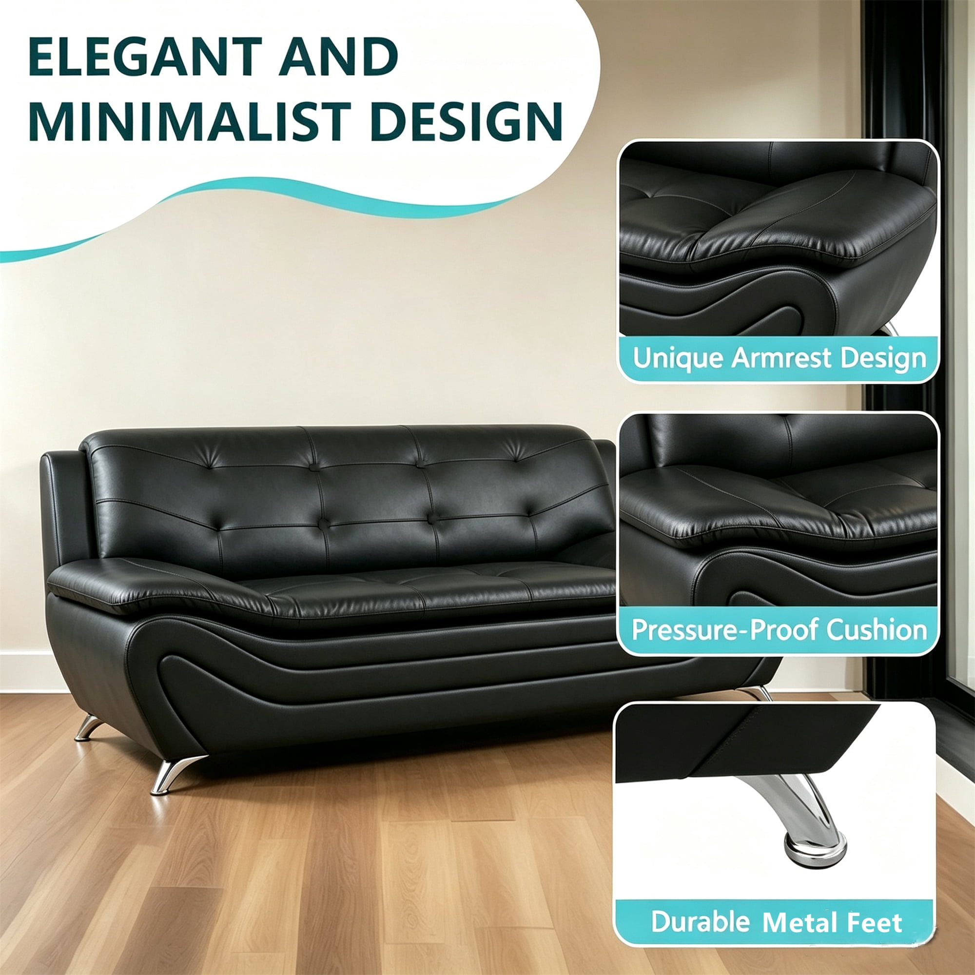 Aukfa 76.5" Upholstered 3 Seat Sofa Couch for Living Room, Leather, Tufted Back, Black