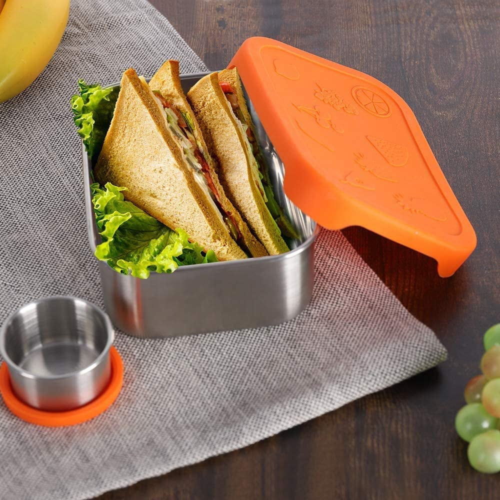 Stainless Steel Lunch Container, 28 oz Leak Proof Lunch Box Set with Orange Food Grade Silicone Lid and Sauce Cup