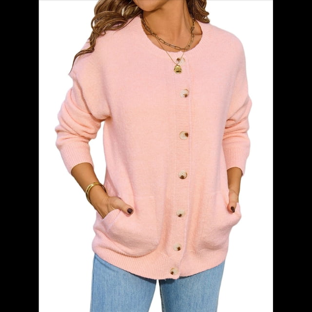 Suéteres de Larga con Cuello Redondo y Botones para Mujer, Cárdigan Abierto de Otoño 2025 Rosa M