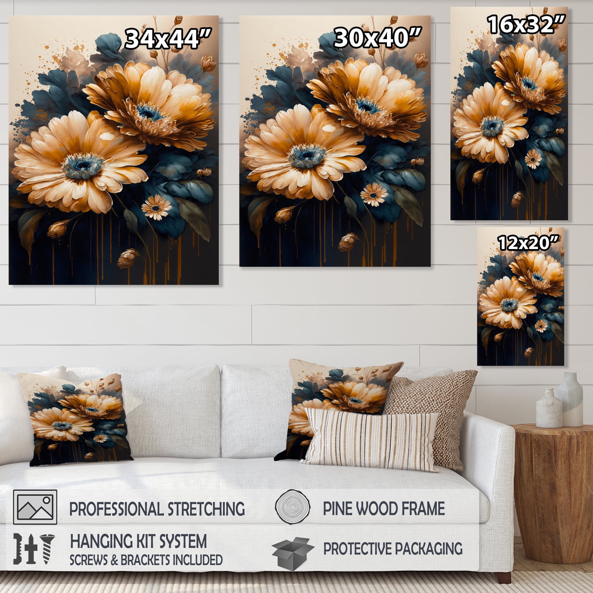 Designart Light Orange And Dark Blue Daisy I Canvas Wall Art
