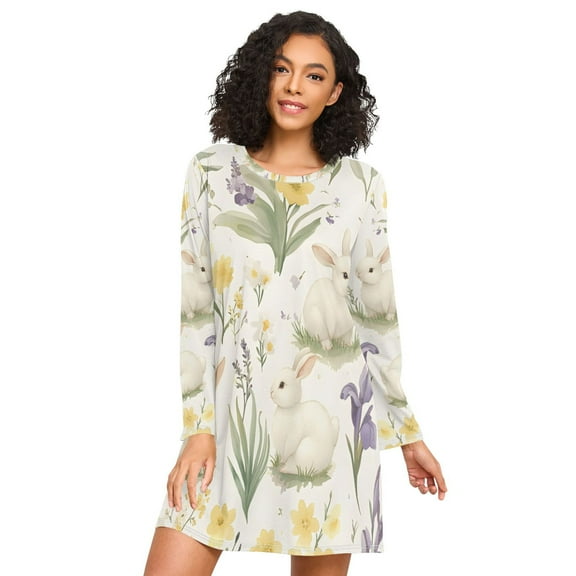 FORMRS Womens Long Sleeve Nightgowns Crew Neck Sleep Shirt Soft Pajamas Sizes S-3XL, Floral Rabbit