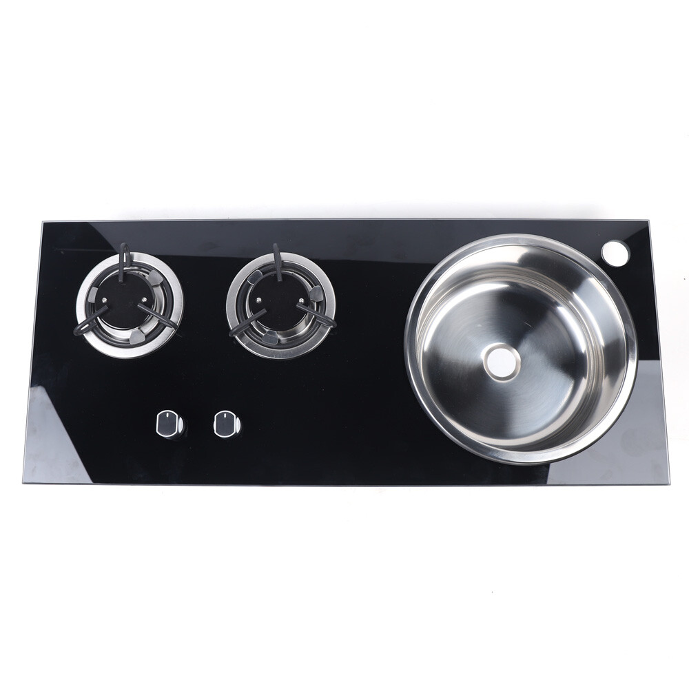 31.1*13.39*5.12 cm Boat Caravan RV Camper Gas Stove Hob 2 Burner LPG Sink Combo Cooktop w/Glass Lid