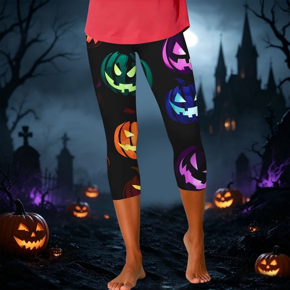 Yeaiivve Halloween Graphic Capris for Women Pumpkin Print Legging High Waist Stretchy Workout Leggings Buttery Soft Yoga Pants Vintage Holiday Costumes L