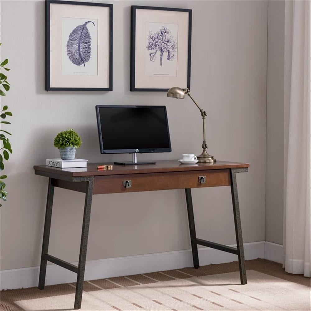 Pemberly Row Wood Computer Desk in Walnut and Foundry Bronze