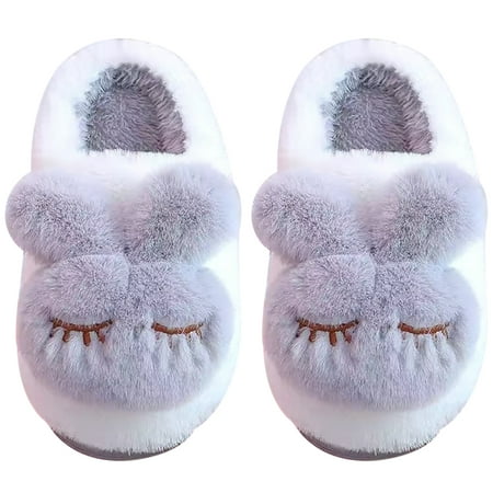 

Uposao Winter Warm Furry Bunny Slippers Cute Cosy Fluffy Indoor Household Cotton Shoes White Grey for Size 24/25