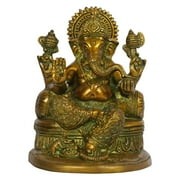 Brass World Brass Antique Bhagwan Ganesha in Blessing Posture with Mooshak | Ganpati in Gold Green Home Entrance Office Decor Idol Murti Pooja 7.5 Inch