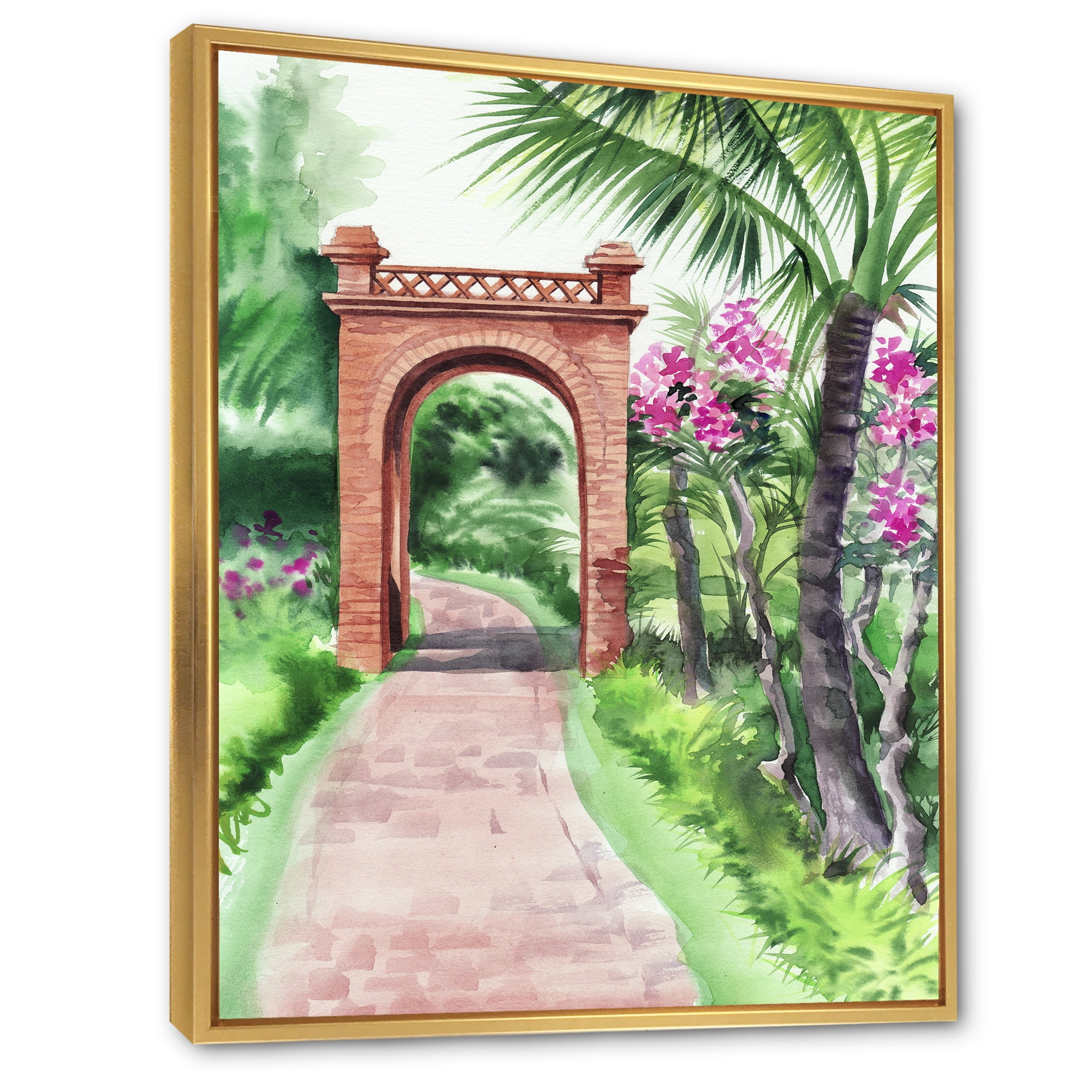 Designart 'Traditional Gate On Path In Tropical Oasis' Tropical Framed Canvas Wall Art Print