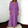 thumbnail image 2 of ZyeKqe Cotton Linen Dress for Women Casual V Neck Flowy Loose Comfy Vacation Beach Wear Maxi Dresses, 2 of 9