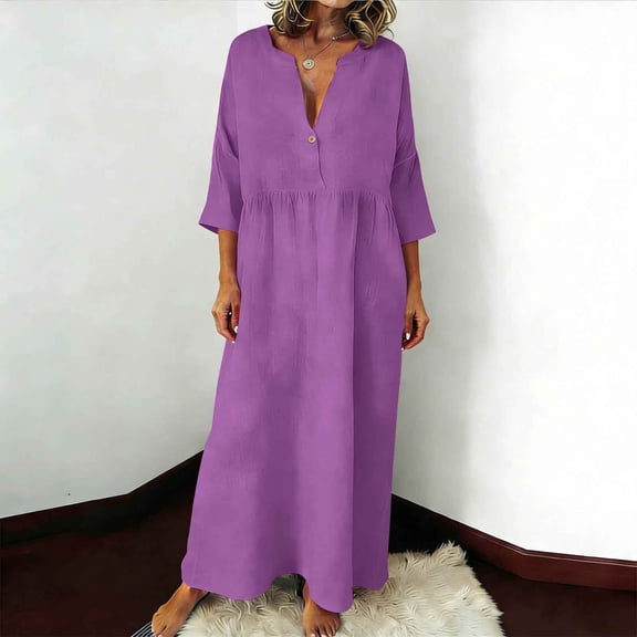 Ynynloco Women's Summer Cotton Linen Half Sleeves Button Down Casual Loose Slit Midi Dress with Pockets