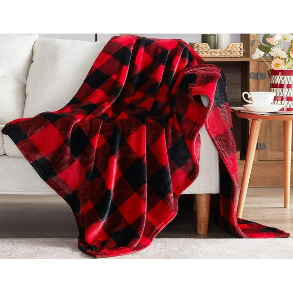 Fleece Throw Blankets, Buffalo Plaid Throw Blanket for Couch Sofa Bed, Soft Warm Fuzzy Cozy Plush Checkered Christmas Blanket, Lightweight Farmhouse Decor (Red & Black) Red and Black Plaid