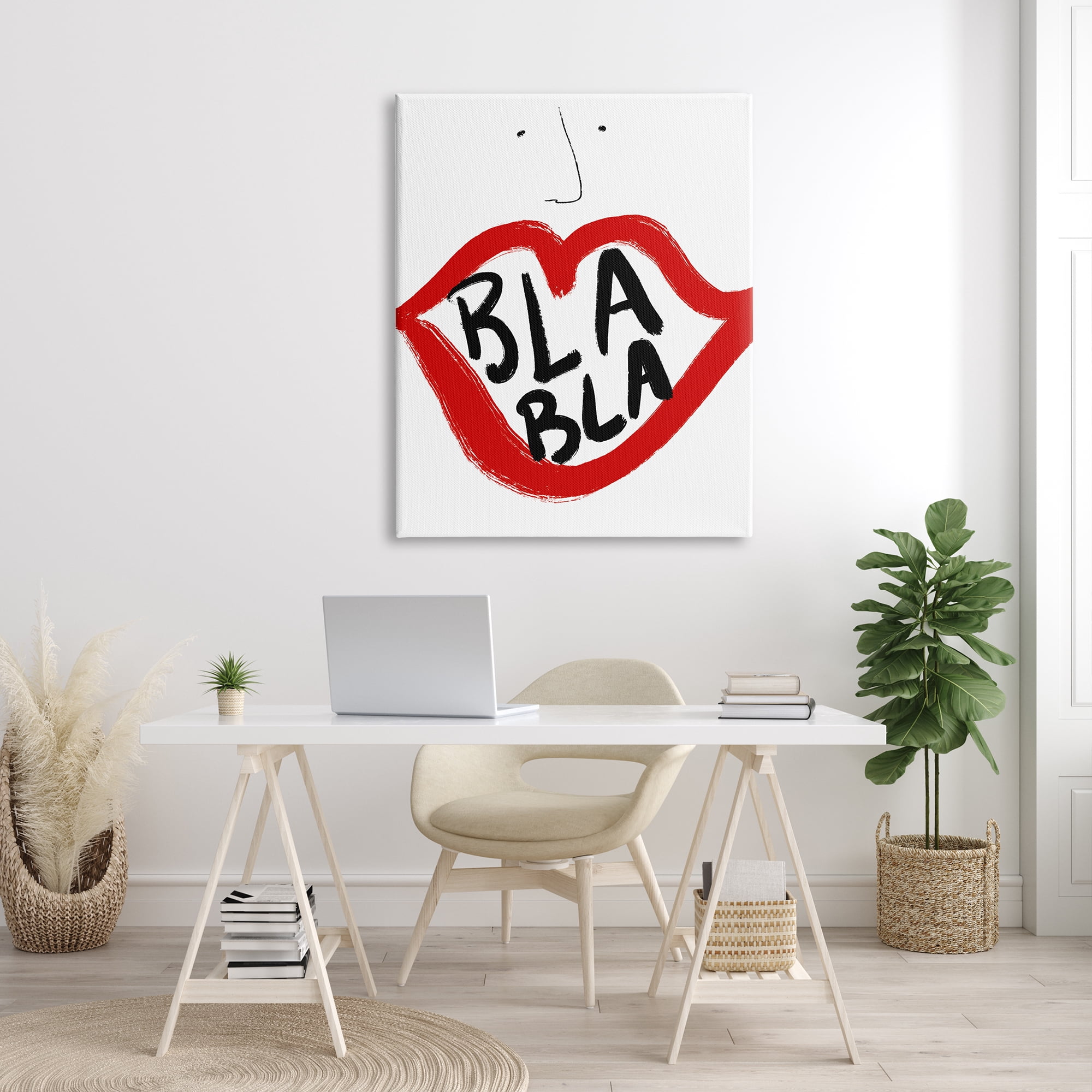 Stupell Industries Bla Bla Text Modern Face Bold Red Lips Abstract Painting Gallery Wrapped Canvas Print Wall Art, 36 x 48