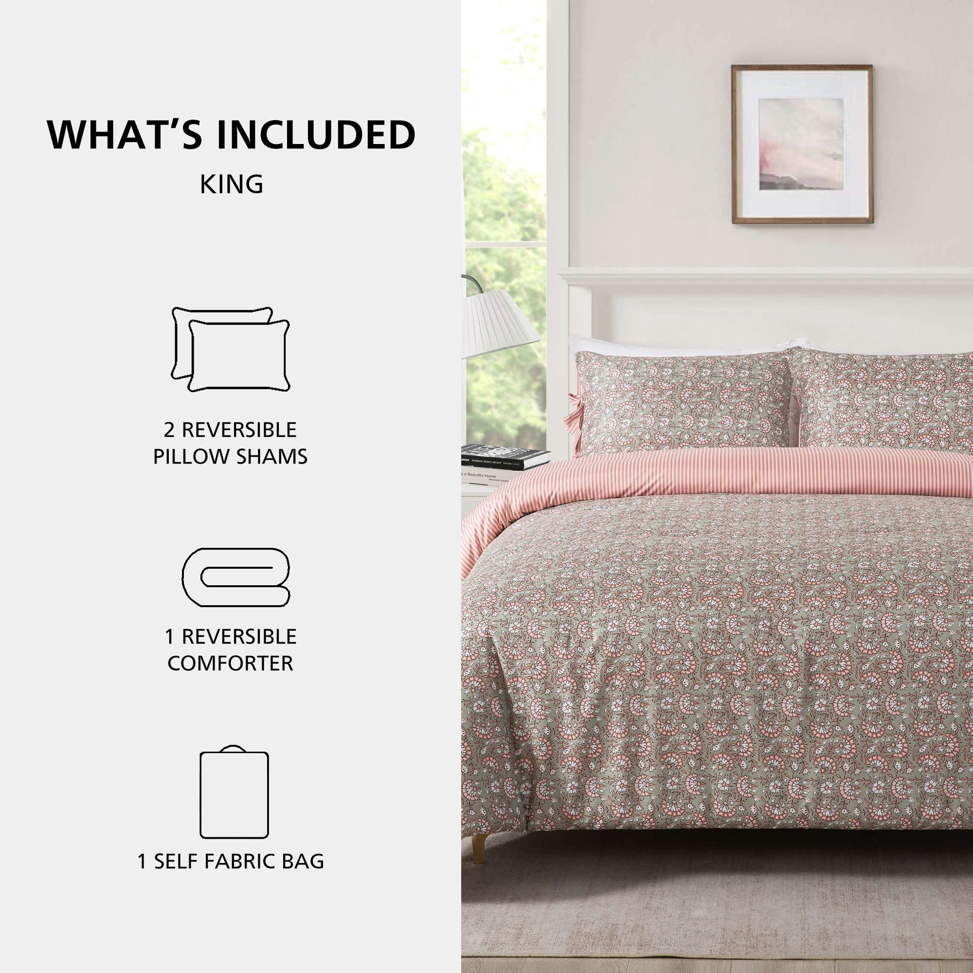 Mainstays King Comforter Set, Reversible All-Season 3-Piece, Green Floral