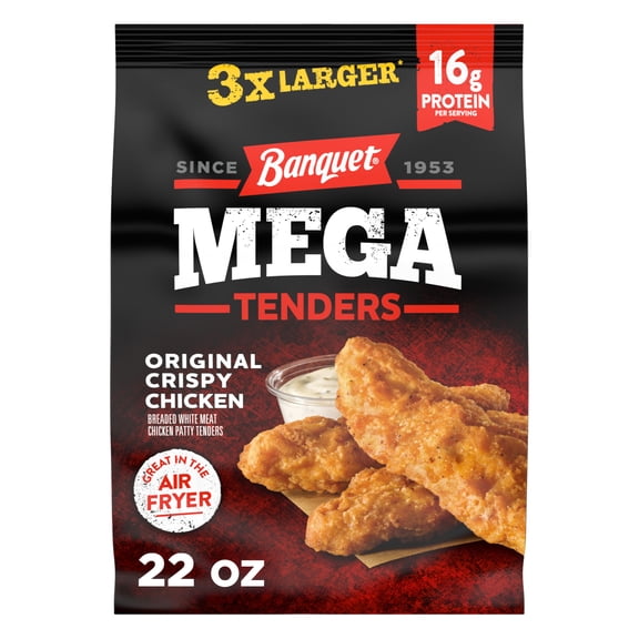 Banquet Mega Chicken Tenders, Original Crispy Breaded White Meat Chicken, Fully Cooked Frozen Chicken, Air Fryer Ready, 16g Protein per Serving, 22 oz