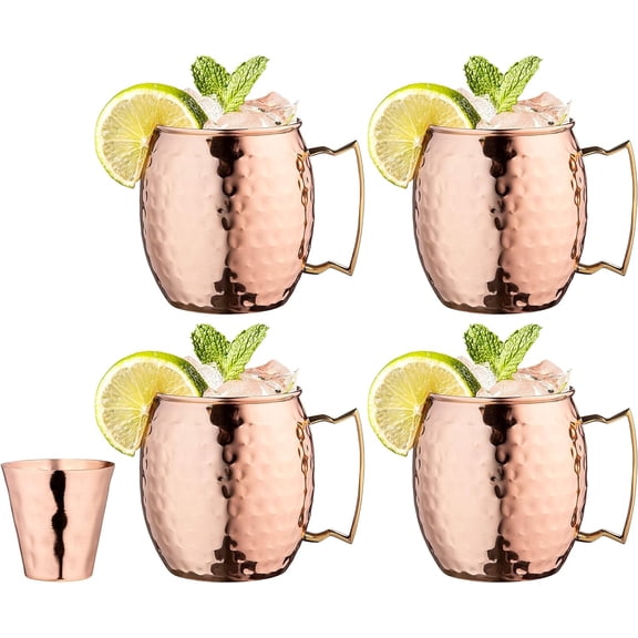 Moscow Mule Copper Mugs with Handles Set of 4 16 oz Solid Copper Hand-Hammered Antimicrobial Cocktail Cups for Moscow Mule Mint Julep and Mixed Drinks Gift Set