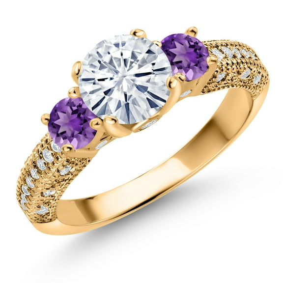 Gem Stone King 18K Yellow Gold Plated Silver White Moissanite and Purple Amethyst Engagement Ring for Women (1.78 Cttw, Gemstone, Round 7MM and 4MM, Size 8)