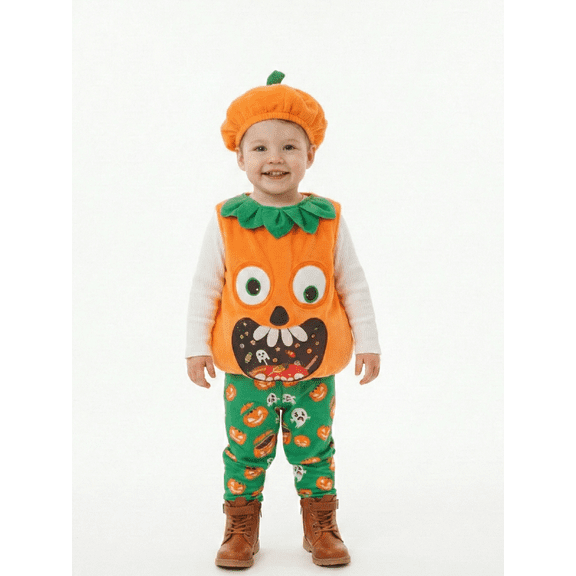 Halloween Pumpkin Costume Toddler with Pumpkin Shaped Hat, Printed Pants for Kids Halloween Dress Up
