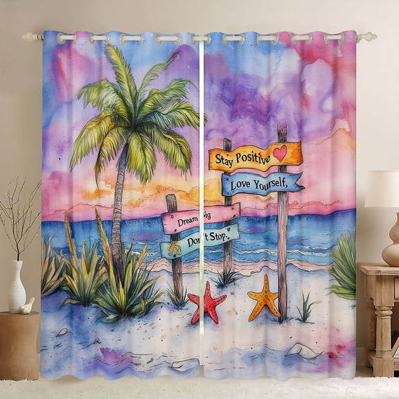 Erosebridal Watercolor Tropical Ocean Beach Black Out Curtains For Boys Girls,Teens Summer Holiday Palm Tree Starfish Curtains Pack of 2 (42x63 Each),Super Cozy Room Decor