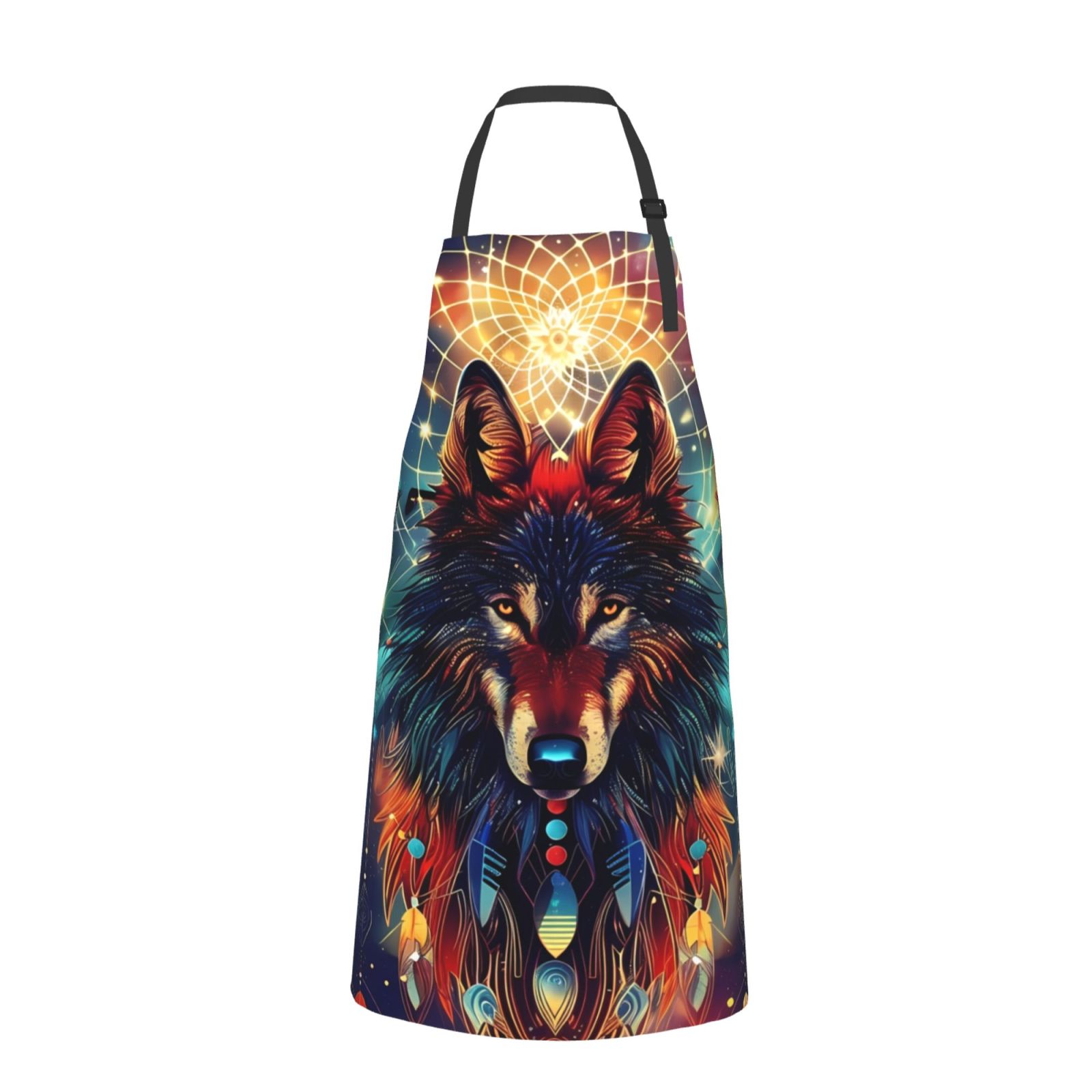 Xecao Mystic Wolf Dreamcatcher Print Kitchen Cooking Aprons, Waterproof Adjustable Bib Aprons with 2 Pockets for Women Men Chef
