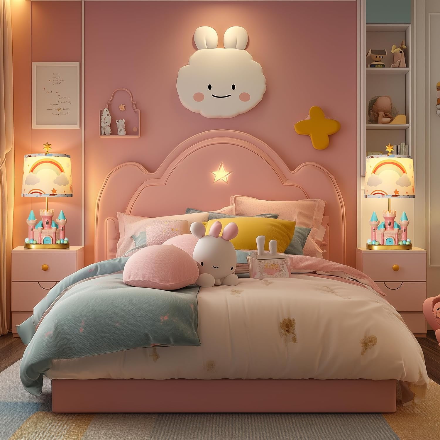 Castle Bedside Table Lamp for Kid Pink Princess Nursery Lamp for Girl Bedroom Nightstand Decor Cute Desk Lamp