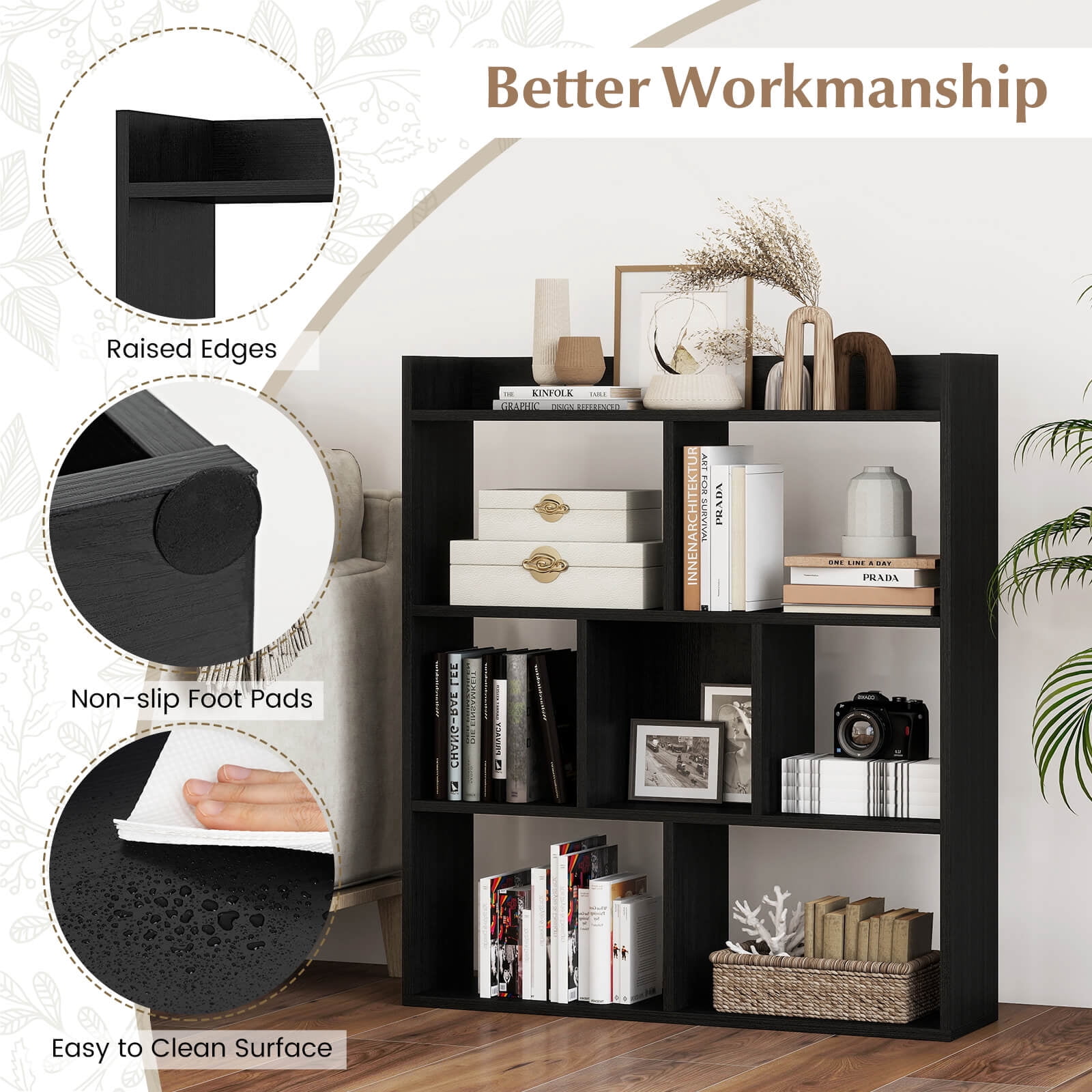 Costway 2 PCS 7-cube Bookcase Open Storage Shelf with Anti-tipping Kits for Living Room Black