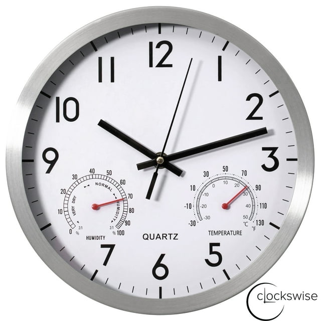 Clockswise 10-inch Non-Ticking Quartz Wall Clock with Thermometer & Hygrometer - Battery Operated Aluminum Analog Clock for Temperature & Humidity Monitoring - Ideal for Home, Office or School, Silver