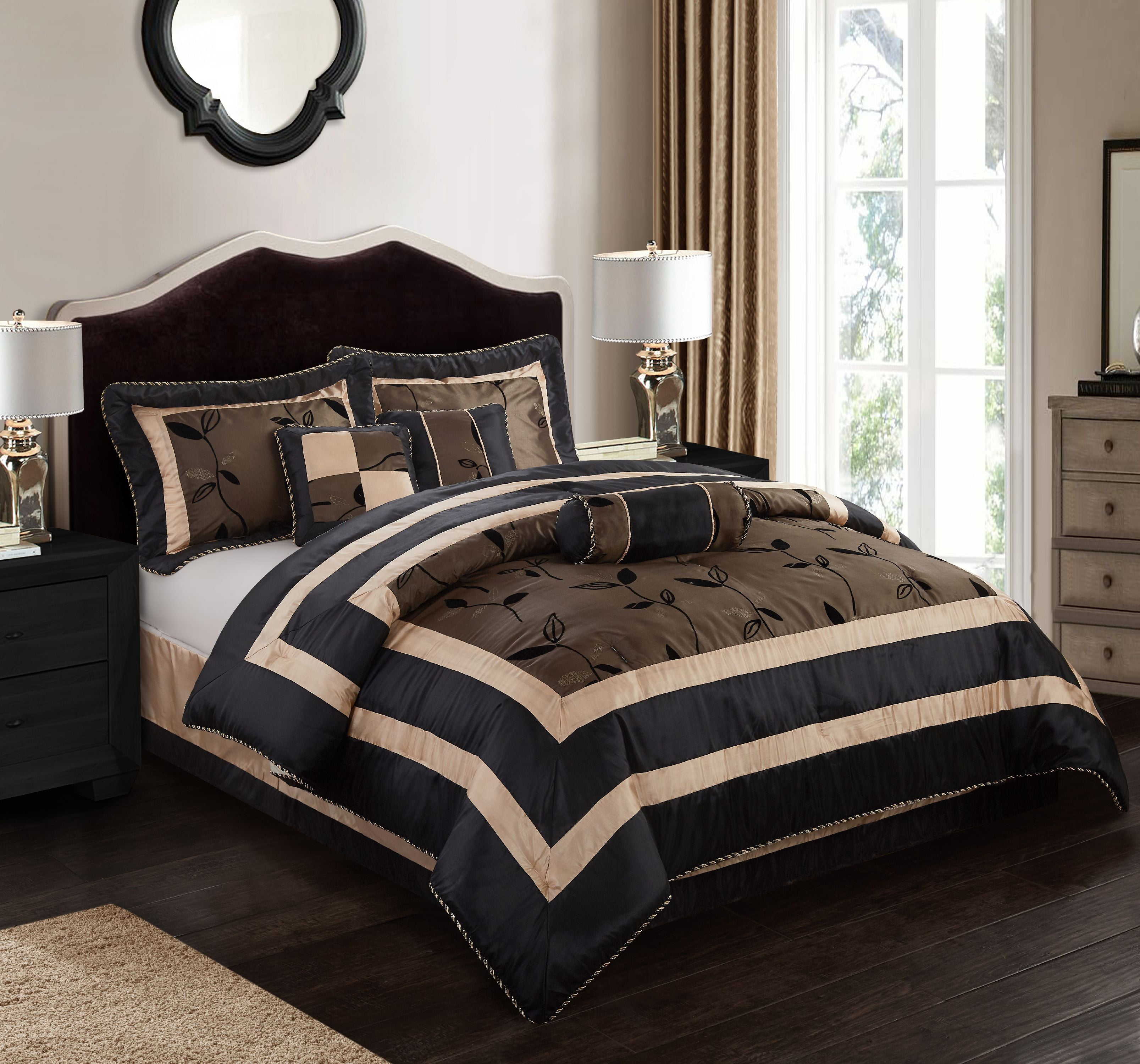 Luxurious Black Gold 7 pcs Jacquard Comforter Bedding Cal King Queen Set 