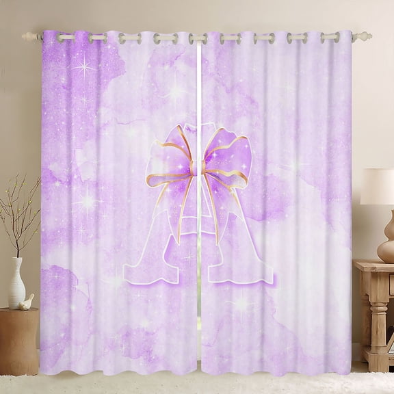 Manfei Light Purple Bow Kitchen Curtains,Girls Personalized Letter A Black Out Curtains Pack of 2 (42x63 Each)