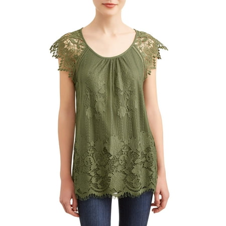 Juniors' Crochet Lace Trim Flutter Sleeve Blouse