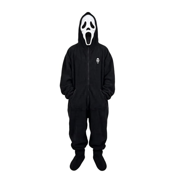 Unisex Full Zip Horror Mask Onesie Halloween Costumes, Scary Character Jumpsuit with Hood, Cosplay Costume for Party and Loungewear