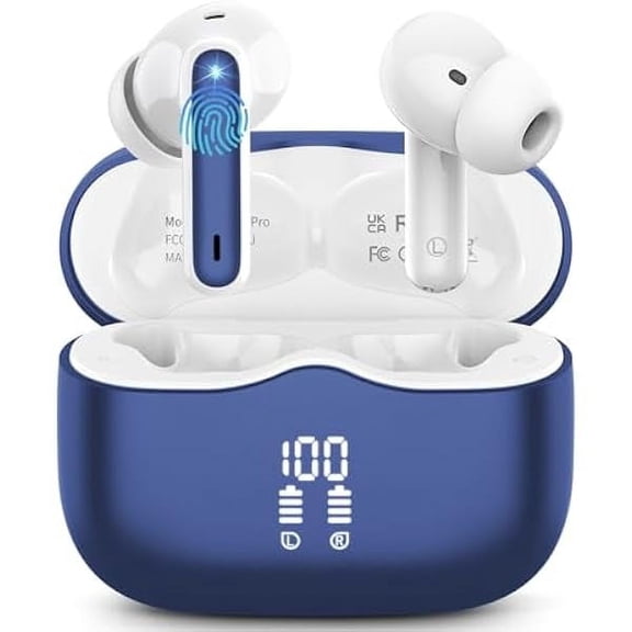 Wireless Earbuds, Bluetooth 5.3 Headphones in Ear with HiFi Stereo Deep Bass, 4 ENC Noise Cancelling Mic Wireless Earphones 40H, in-Ear Earbud Bluetooth Dual LED Display IP7 Waterproof, Dark Blue