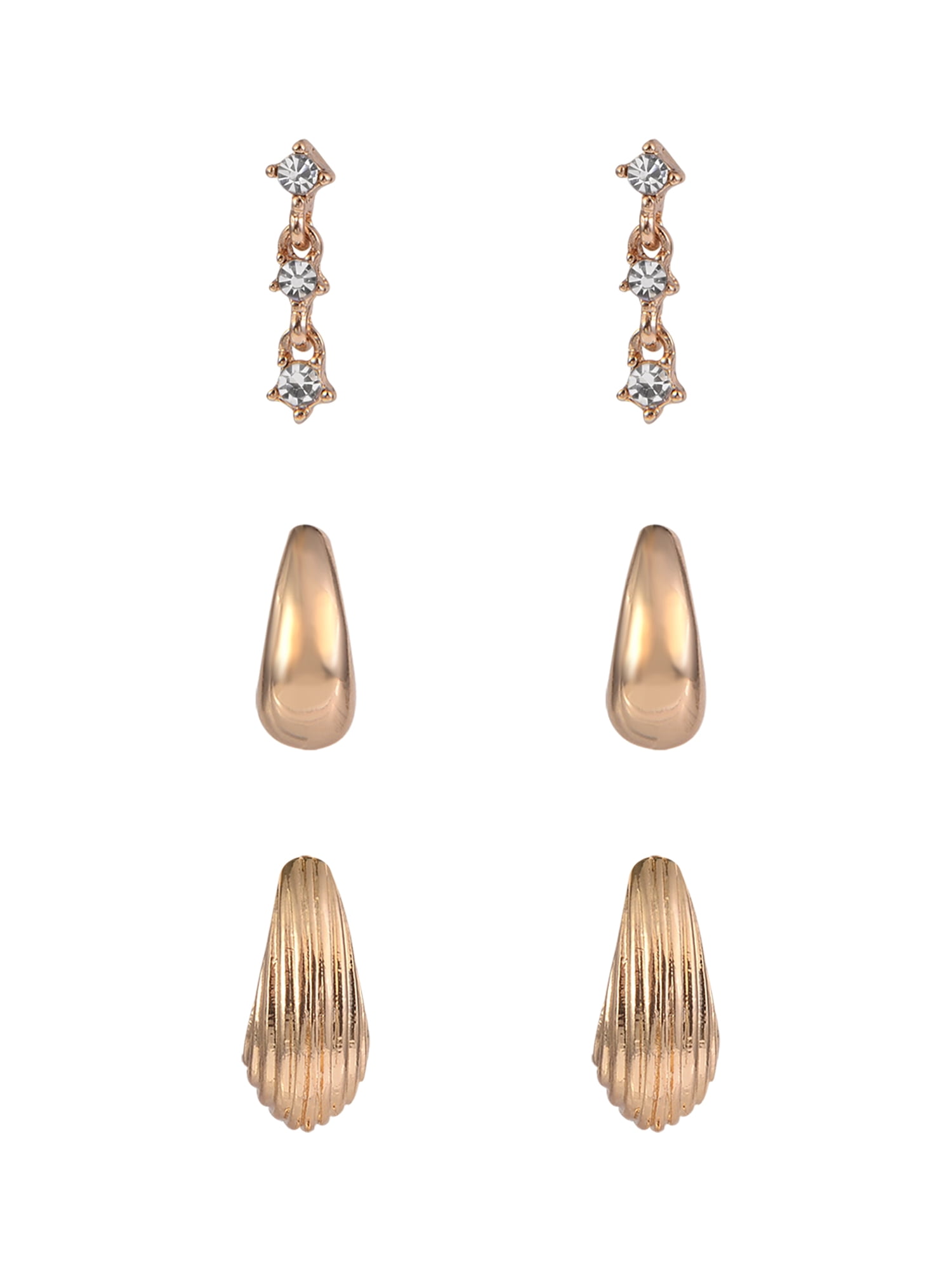 Time and Tru Adult Female Gold-Tone 5 Pair Crystal Stone Navette and Textured Hoop Multi Stacker Earring Set
