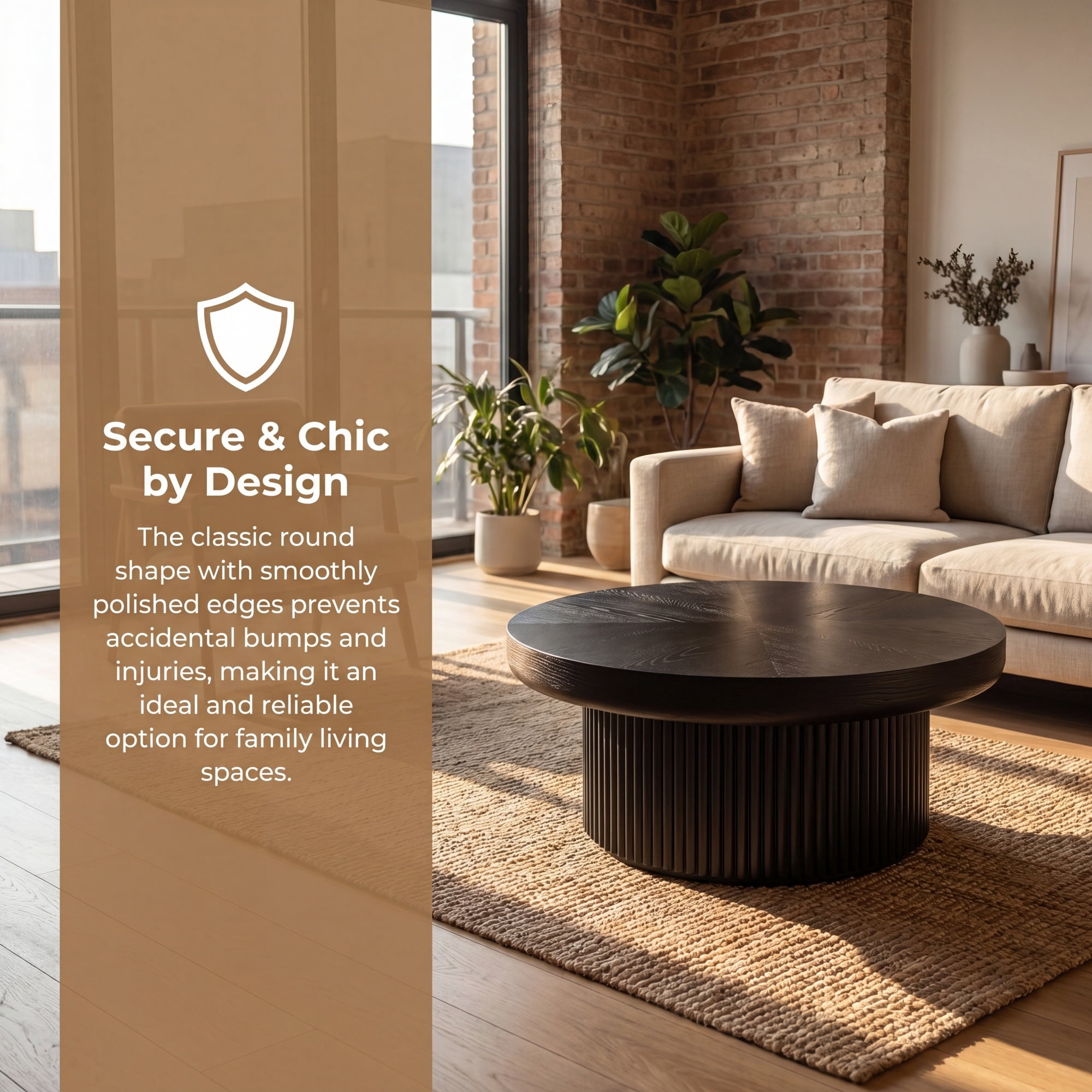 33.46'' Round Coffee Table with Fluted Cylindrical Base, Ash Wood End Table with Thickened Tabletop, Modern Cocktail Table