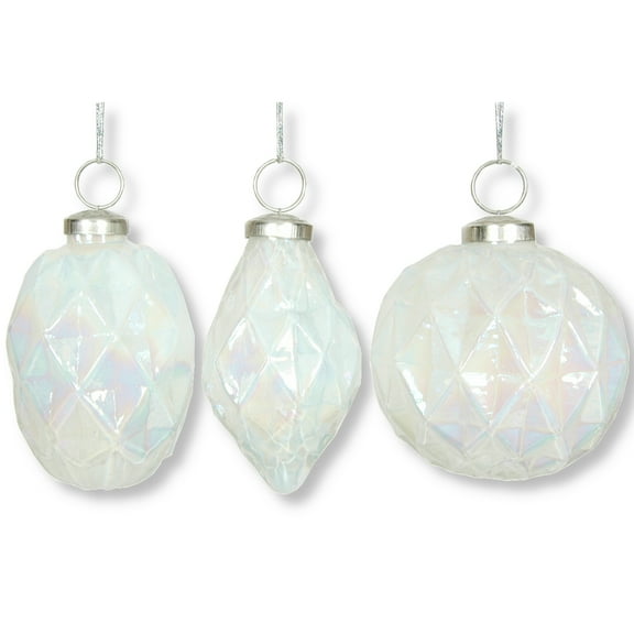 White Iridescent Glass Ornaments, Set of 3 Faceted Ornaments