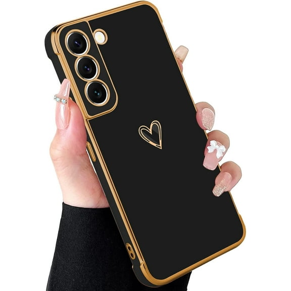 Compatible with Samsung Galaxy S22  Plus Case for Women Cute Luxury Gold Heart Pattern Design, Full Camera Protection & Soft TPU Shockproof Protective Plating Edge Phone Case, 6.6 inch, Black