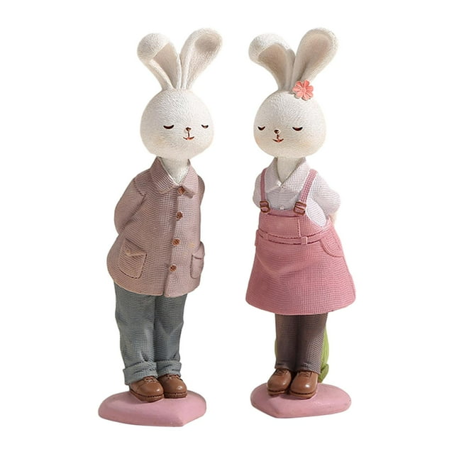 Tnarru 2 Pieces Easter Couple Rabbit Figurines Animal Sculpture Easter Gift Resin Rabbit Statue for Farmhouse Balcony Bookshelf Lawn B
