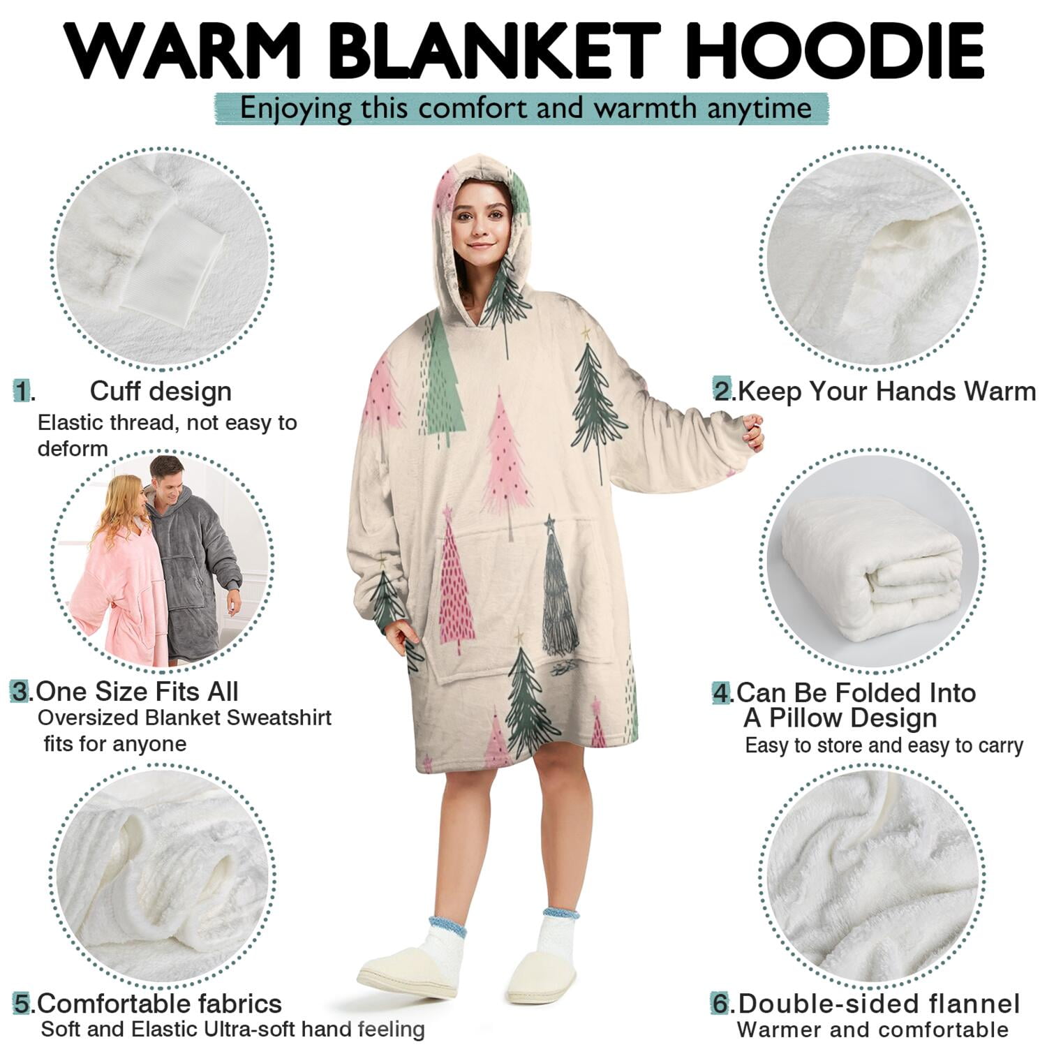 Wearable Oversized Blanket,Beige Christmas Tree Pattern Wearable Blanket Hoodie for Adults,Cozy Hooded Blankets with Super Pockets,Super Warm Fuzzy Pullover for Women & Men