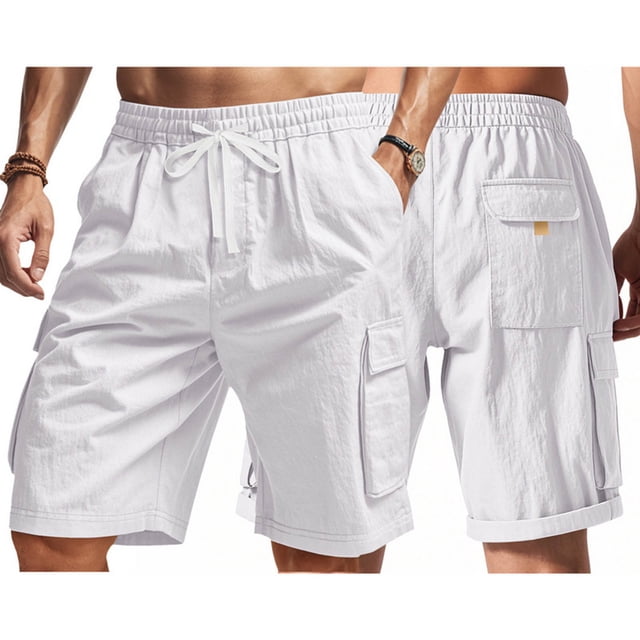 Sentmoon Cargo Shorts for Men High Waist Running Shorts Loose Drawstring Solid Color 2025 Summer Bermuda Shorts Multi Pocket Athletic for Sports Practice White S