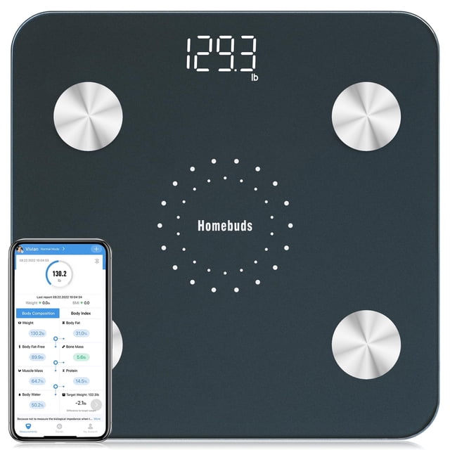 Báscula digital de baño Homebuds para medir peso y grasa corporal, pesaje profesional desde 2001, monitor de composición corporal para IMC, grasa, agua y músculo con app, 181 kg, azul
