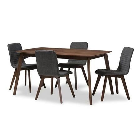 Baxton Studio Sugar Mid-Century Modern Fabric Upholstered Walnut Wood Finished 5-Piece Dining Set, Multiple Colors