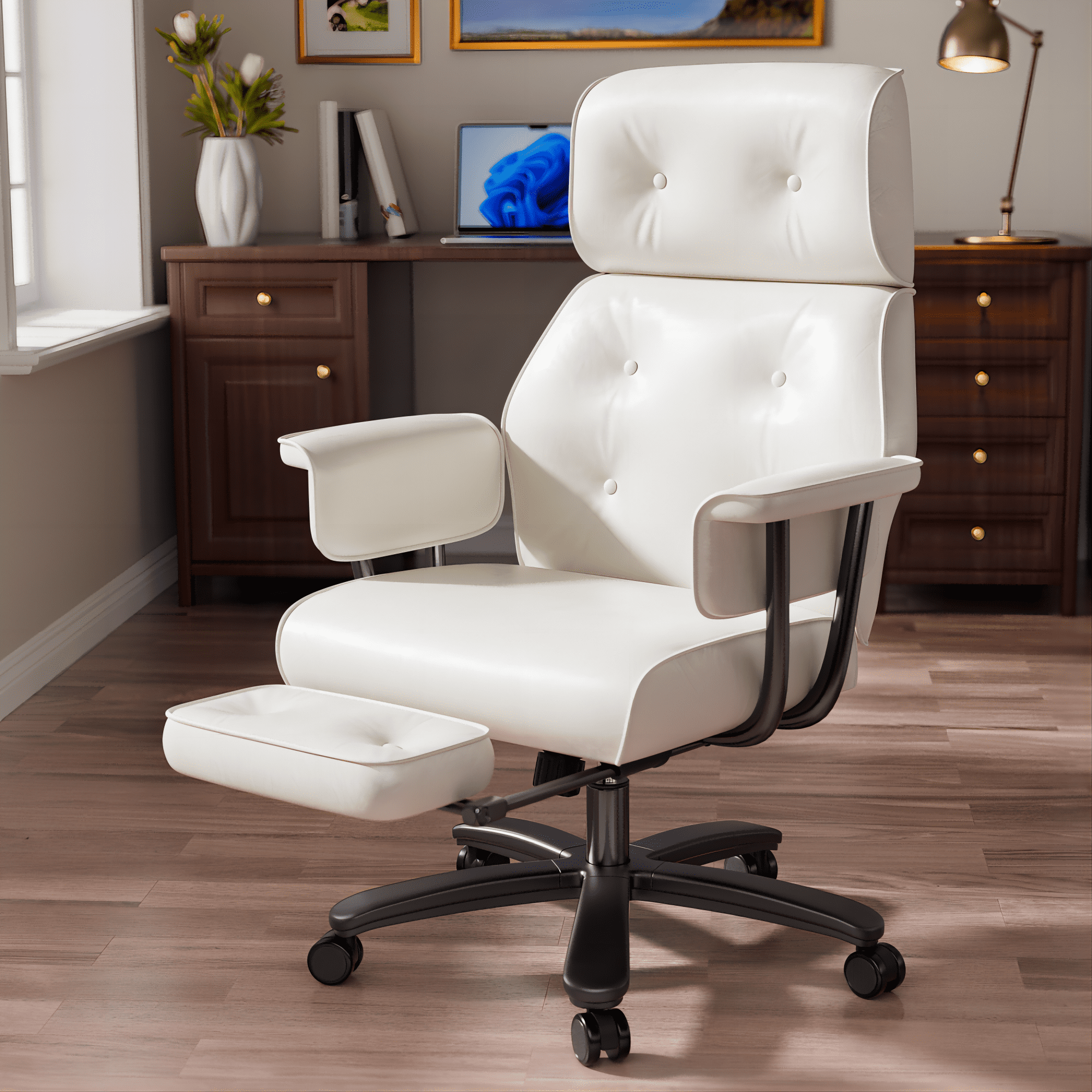 HomeZeer Big and Tall Office Chair 400LBS, Reclining Office Chair with Footrest and Wide Seat, Executive Desk Chair with High Back,Comfortable Computer Task Chair for Home Office, White