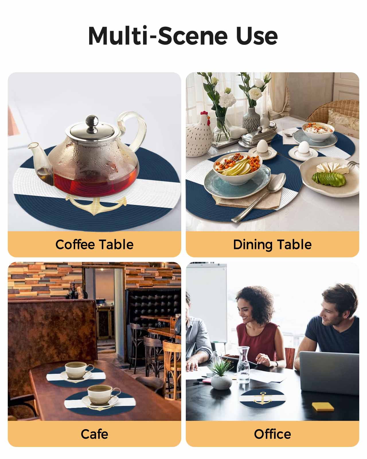 Round Placemats Nautical Anchor 15 inch Set of 4 Table Mats for Dining Table Dark Blue White Heat Resistant Non-Slip Kitchen & Home Decorative Place Mat Set