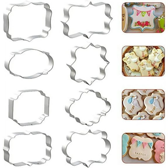 8 PCS Plaque Cookie Cutter Frame Shapes Sugar Sign Cookie Cutters Name Plate Cookie Cutter for Birthday Wedding Baby Shower Cookies Fondant Decorations